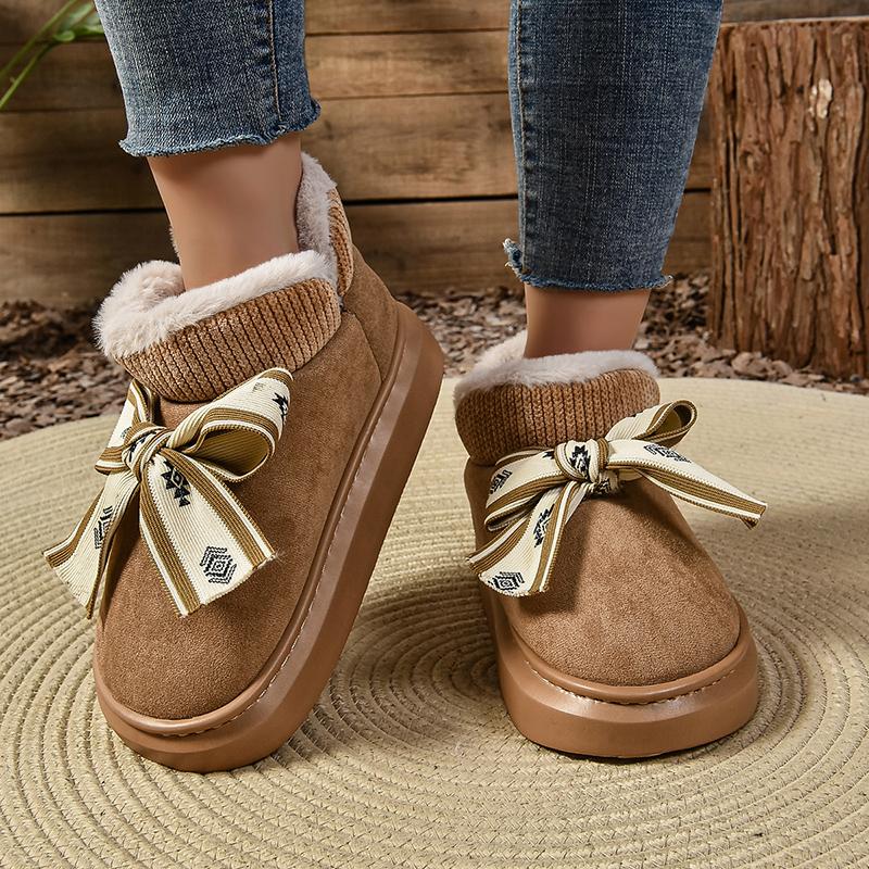 Mode Winter Wildlederimitat Baumwolle Stiefel Damen Zuhause Schleife Wolle Stiefeletten 2024 Neu Wärme Dicke Sohle Prinzessinnen-Stil Kurze Stiefeletten