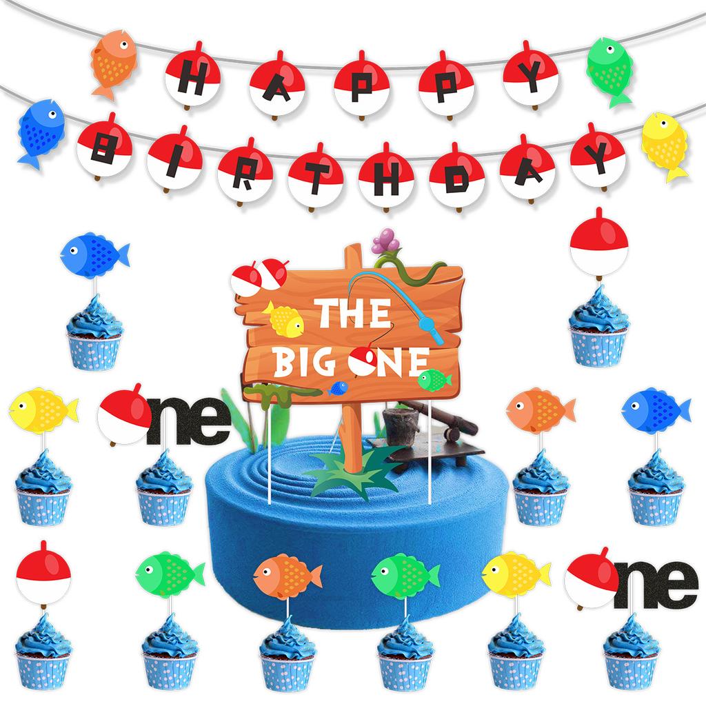 Retirement-Themed Birthday Party Decoration Banner Fishing Birthday Flag Small Fish Spiral Pendant