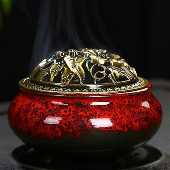 Colorful Crackle Glaze Ceramic Aromatherapy Burner with Bronze Cover for Household Incense and Mosquito Repellent