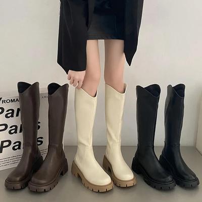 Winter Neue Marke Damen Lange Stiefel Mode Runde Zehen Reißverschlüsse Damen Elegant Dicke Sohle Kniehohe Stiefel Schuhe 2024