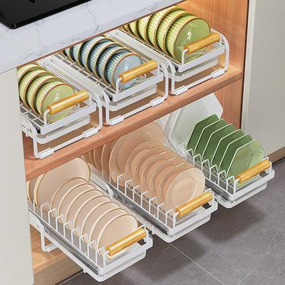 Dish Storage Rack Drawer Type Carbon Steel Frame Wooden Handle Organizer Rational Use of Space Drying Rack for Kitchen