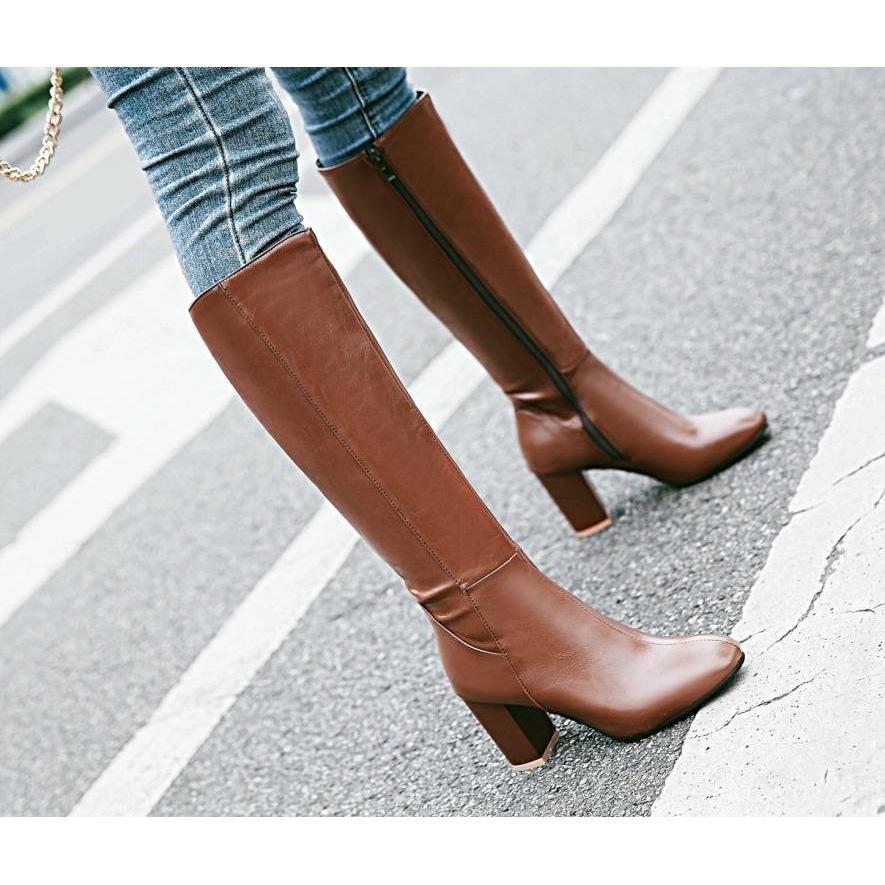 Hrubý podpatek Vysoké kozačky Vysoký podpatek Kozačky se zipem na boku Kozačky