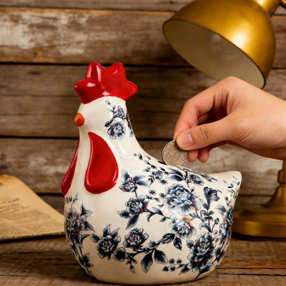 American Style Hand Painted Rooster Figurine Ceramic Piggy Bank for Living Room Home Decor Creative Gift Ornament