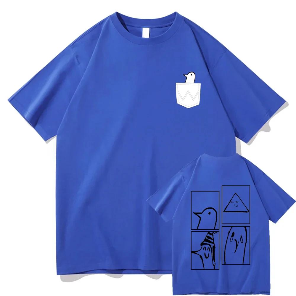 Front And Back Prints Small Abstract Bird Tshirt With Fake Pockets Fun Graffiti Loose Fitting Mens And Womens Short Sleeves