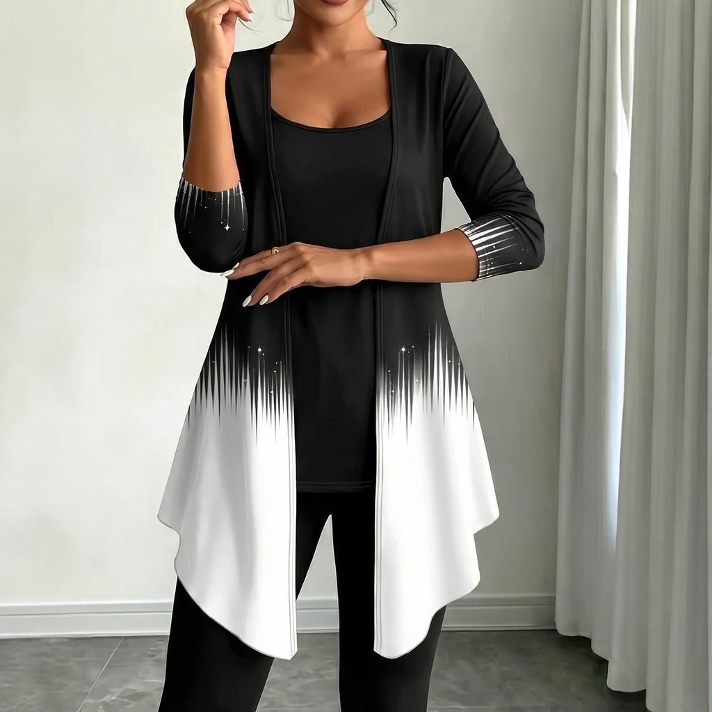 European and American Style 1116 New Gradient Print Cardigan Set Women's Fashion Casual Two-Piece Set