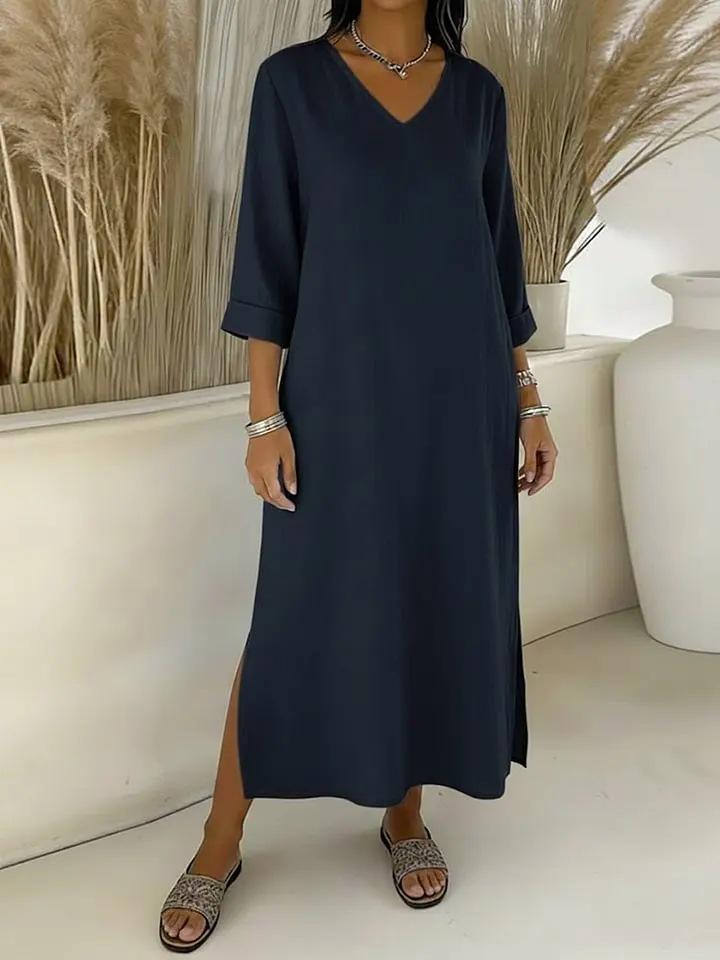 Damska sukienka bawełniano-lniana z dekoltem V, rękawem 3/4, fasonem A, na sezon Wiosna/Lato 2026 - Casualowa i luźna