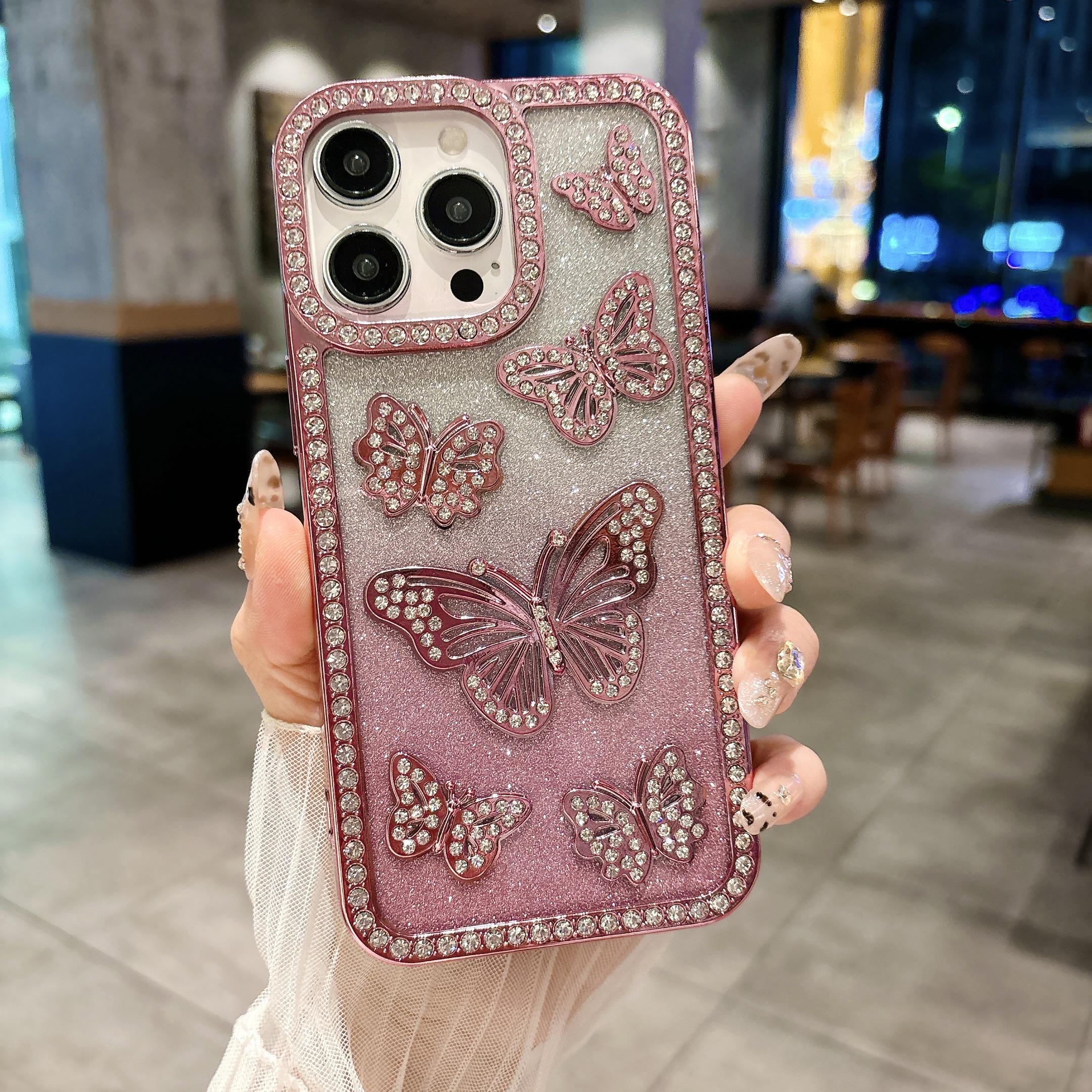 

For iPhone 16 Pro Case Rhinestone Butterfly Decor TPU Phone Back Cover Black