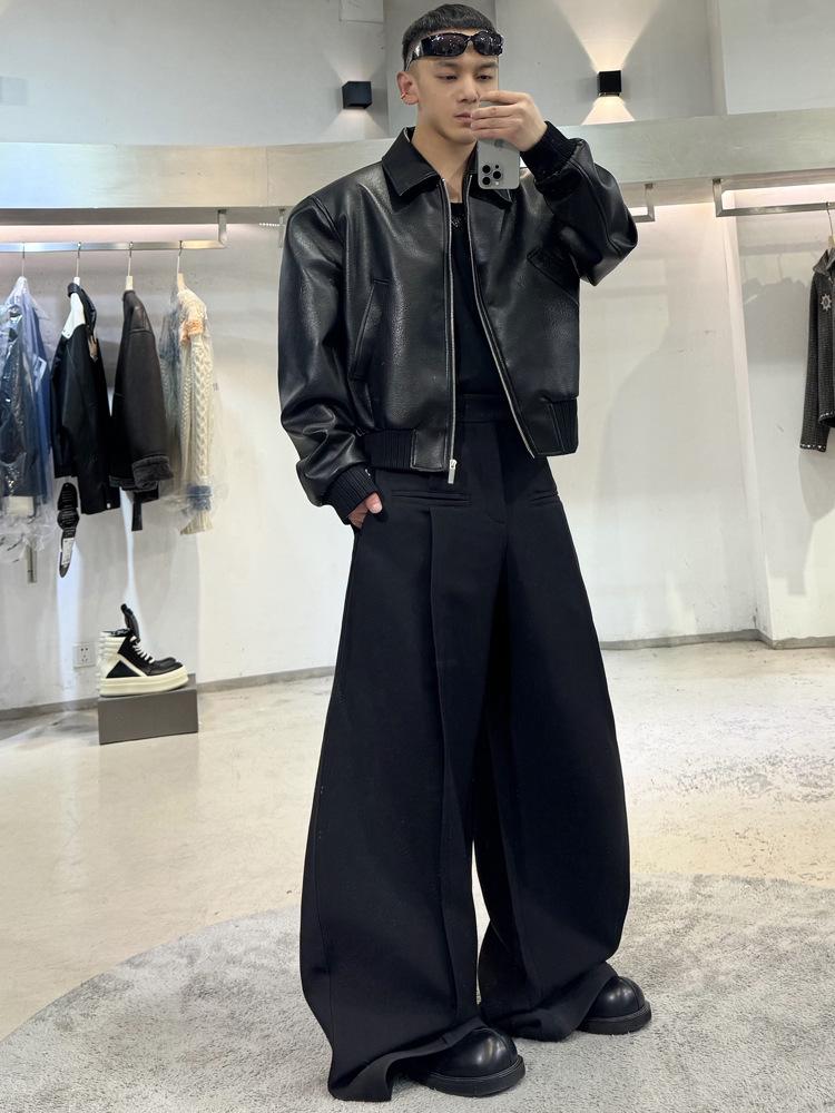 Men's Retro Hip-Hop PU Leather Motorcycle Jacket - Turn-Down Collar, Autumn Style, Loose Fit, Handsome Design.