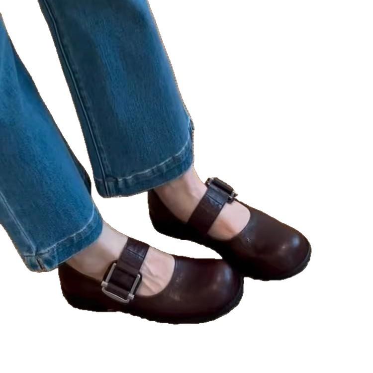 Sheepskin version~ British style Japanese round head Mary Jane shoes women's one-button loafers leather platform versatile single shoes