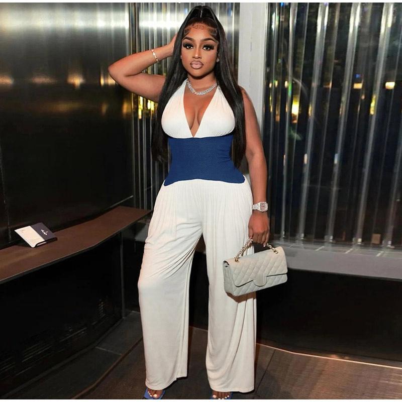 Halter Neck Sleeveless Stitching One-piece Wide-leg Pants Summer Ladies One-piece Casual Fashion Commuter Style