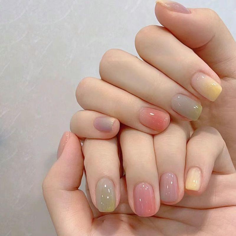 

Short Wear Nail Stickers Summer Clear Dopamine Color Gradient Coloring Easiest for Match Minimalist Fake Nails Detachable Dopamine Gradient-Short