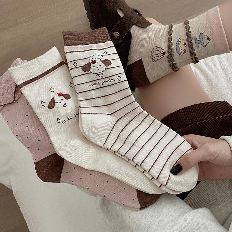 Spring and Summer Cartoon Cute Socks - Children's Mid-Calf Socks with Dog Pattern - Student Fall Capri Socks