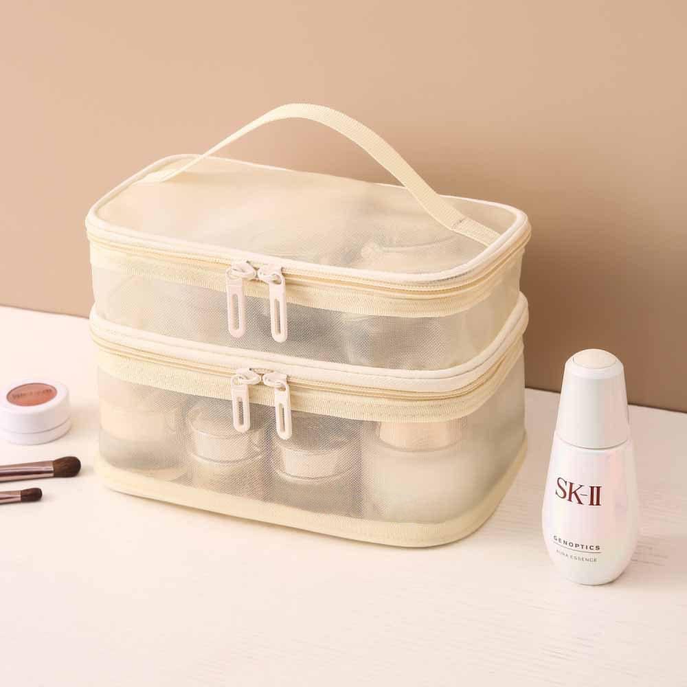 Nylon Mesh Double Layer Makeup Bag Large Capacity Travel Toiletry Organizer Portable Cosmetic Storage Pouch Practical Essential
