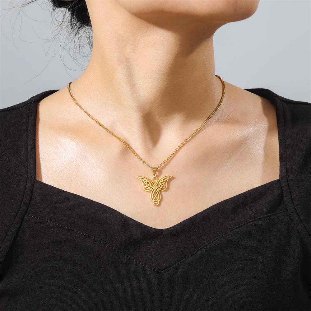 Titanium Steel Hollow Butterfly Celtic Knot Pendant Necklace Women Fashion Jewelry