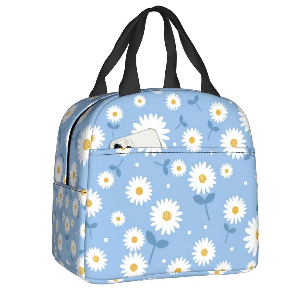 Floral Daisy Print Insulated Lunch Bag for Women Chamomile Flowers Cooler Thermal Lunch Tote Box Portable Picnic Food Bento Bags
