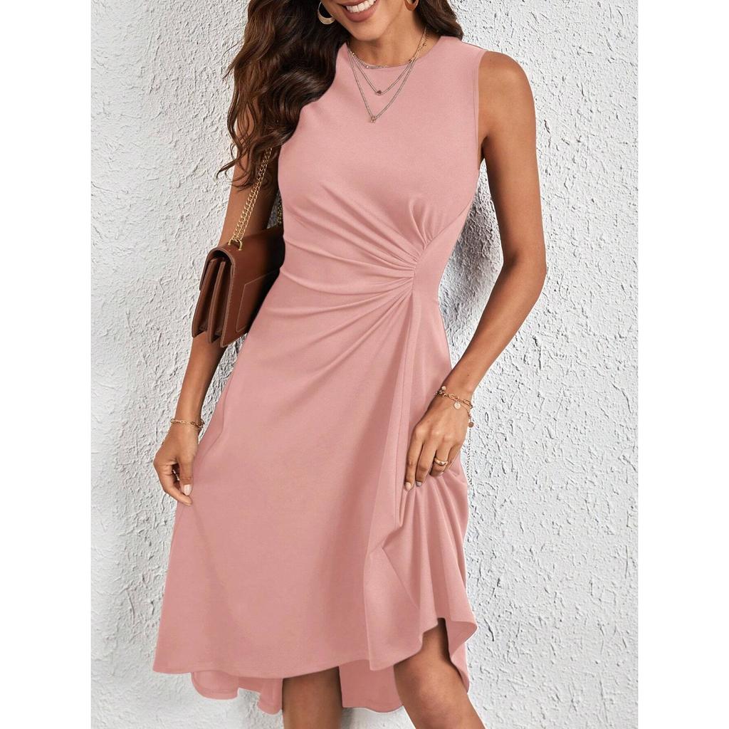 IHUASU Summer Women's Summer Fashion Sleeveless Solid Color A-line Crepe Mid-dress