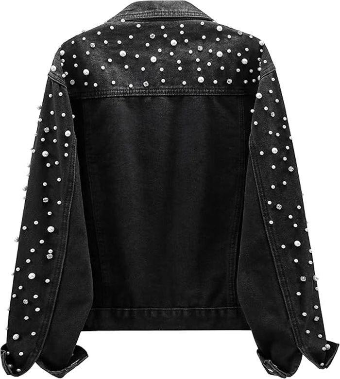 Women Denim Coat Jacket Diamonds Pearls Turn Down Collar Single Breasted Pockets Washed Vintage Streetwear Autumn Outerwear