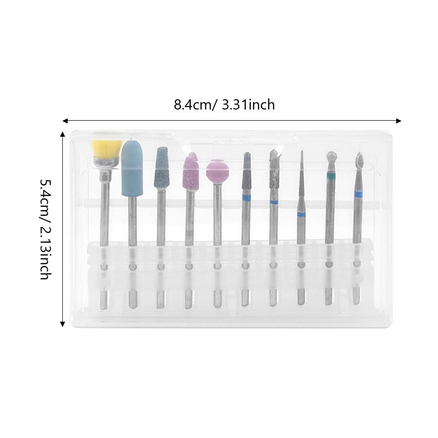10 Stück Wolframstahl Nagel Schleifkopf Set mit Feile, Bürste, Polierer & Nagelhautentferner Werkzeugen für Maniküre Pediküre