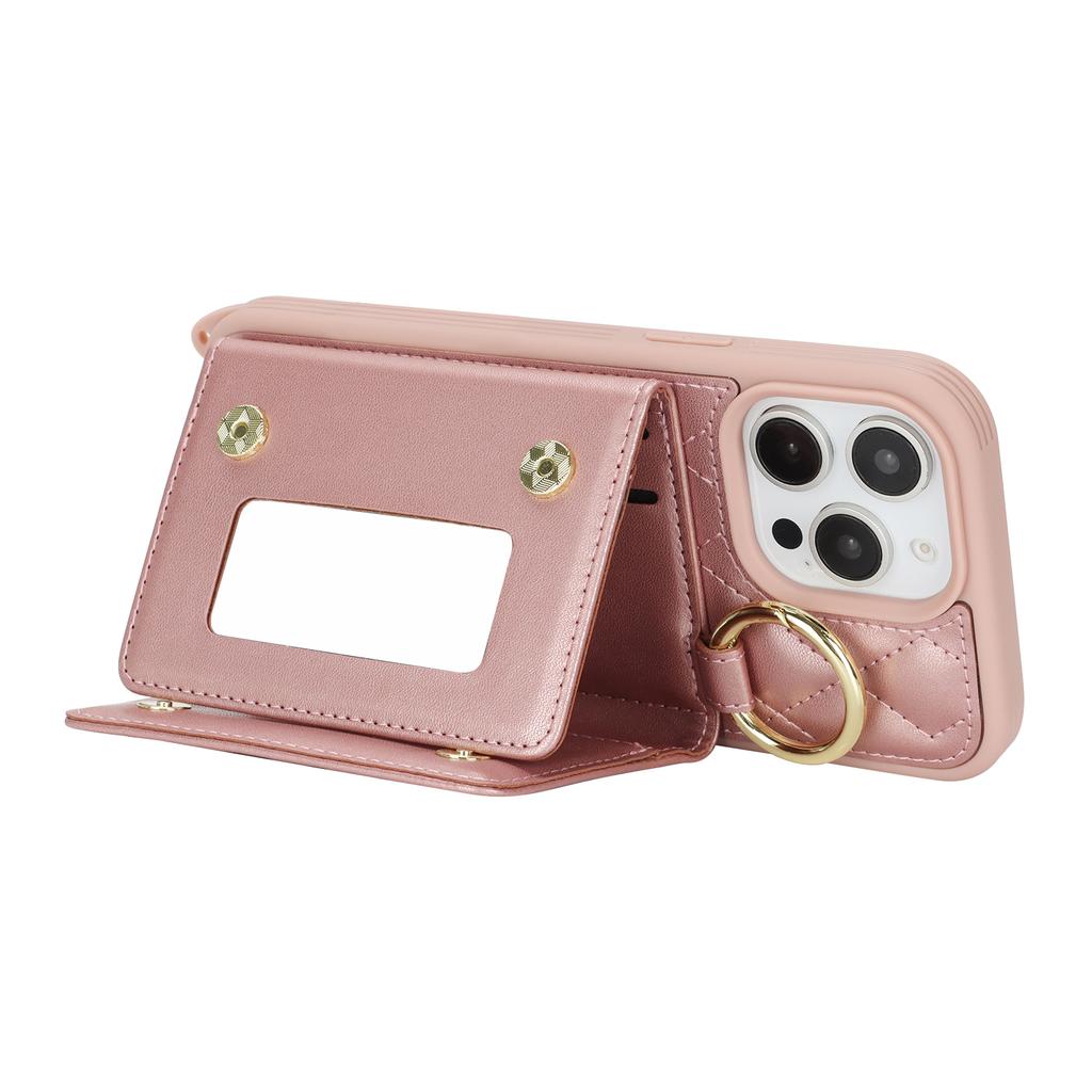 For iPhone 14 Pro Case with Lanyard/Mirror/Card Holder Grids Pattern RFID Blocking Phone Cover