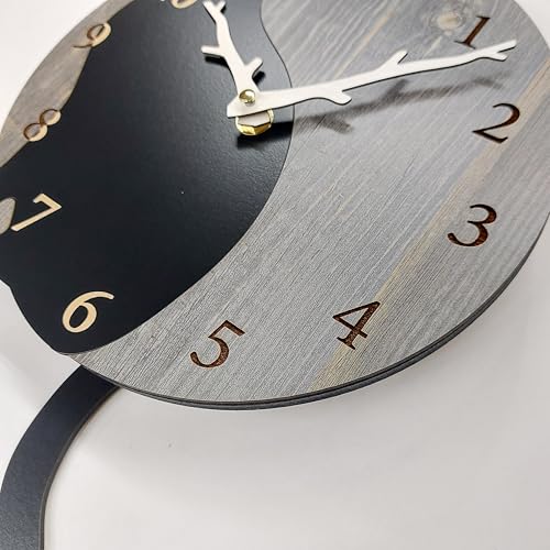 Black Cat Wall Clock with Pendulum, Natural Wood Design, Stylish Cat Lover's Gift, Cat Motif, Nordic Style Interior, Cute Accessory with Wagging Tail