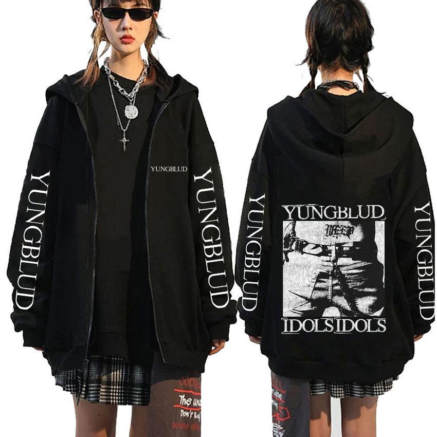 Singer Yungblud Black Hearts Club Zipper Hoodie Male Fleece Cotton Zip Up Hoodies Men Women Rock Vintage Oversized Zip Up Jacket