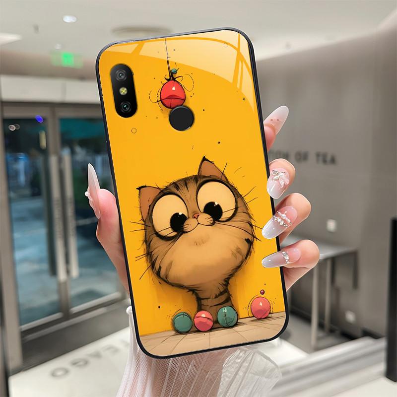 Beautiful Flower Cute Cartoon Cats Case For Xiaomi Mi A2 / Mi A2 Lite Tempered Glass Phone Case Protective Back Cover Hard Shell