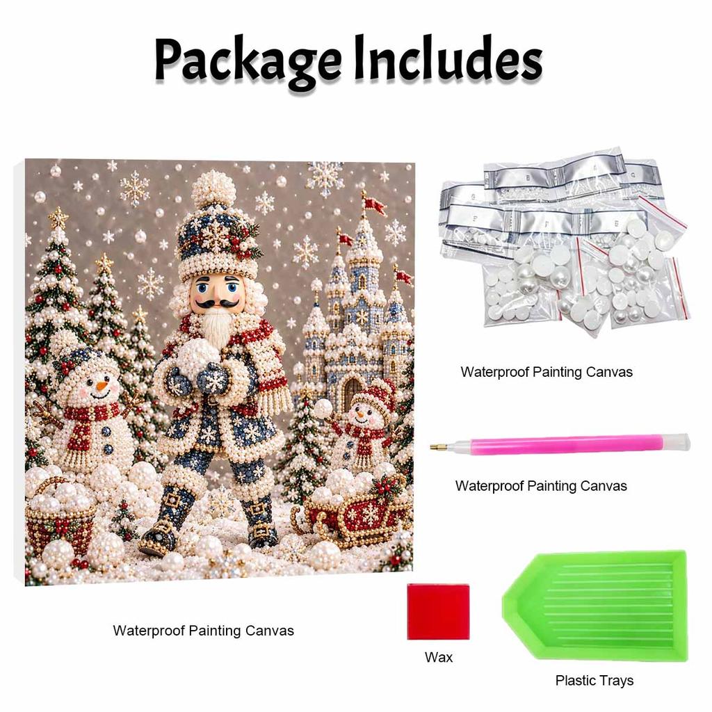 DIY Framed Pearl Painting Kit with Nutcracker and Snowmen Christmas Scene 5D Sparkling Bead Art Canvas Ready to Display Home Decor Gift Idea