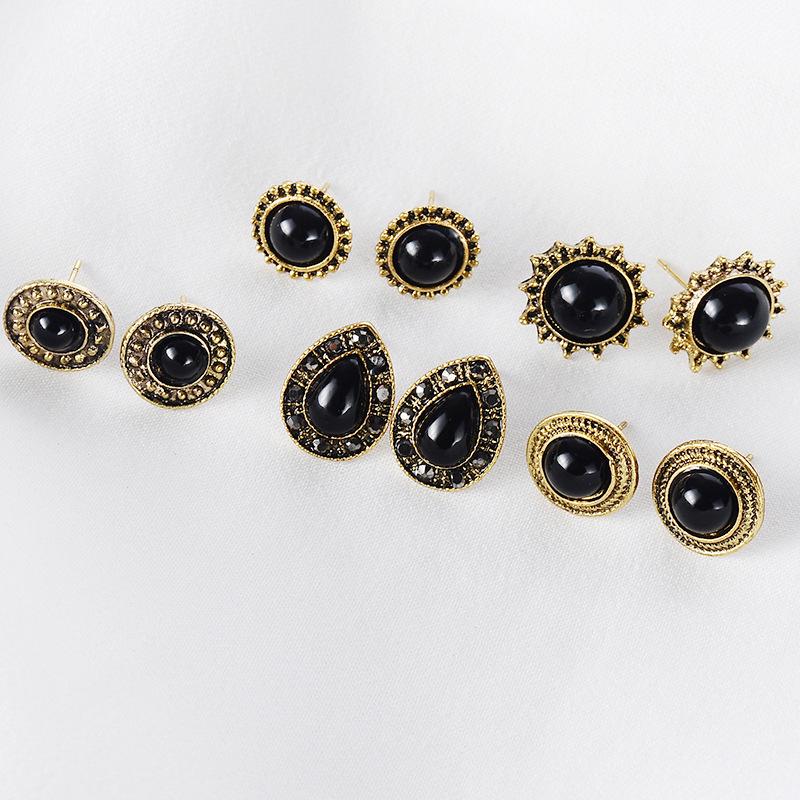European and American Retro Gemstone Water Drop Stud Earrings Set - 5 Pairs