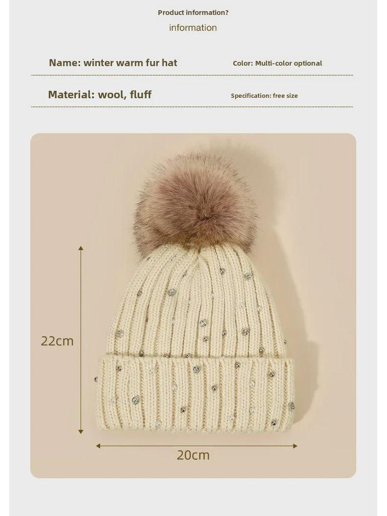 Căciuli de lână tricotate pentru femei în stil coreean, cu pompon din blană falsă de raton și accente diamantate pentru toamnă și iarnă