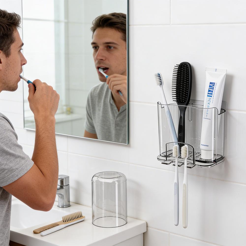 Bathroom Toothbrush Holder Wall Mounted No Drilling Acrylic Toothpaste Cup Organizer Drainage Multifunctional Bathroom Shelf