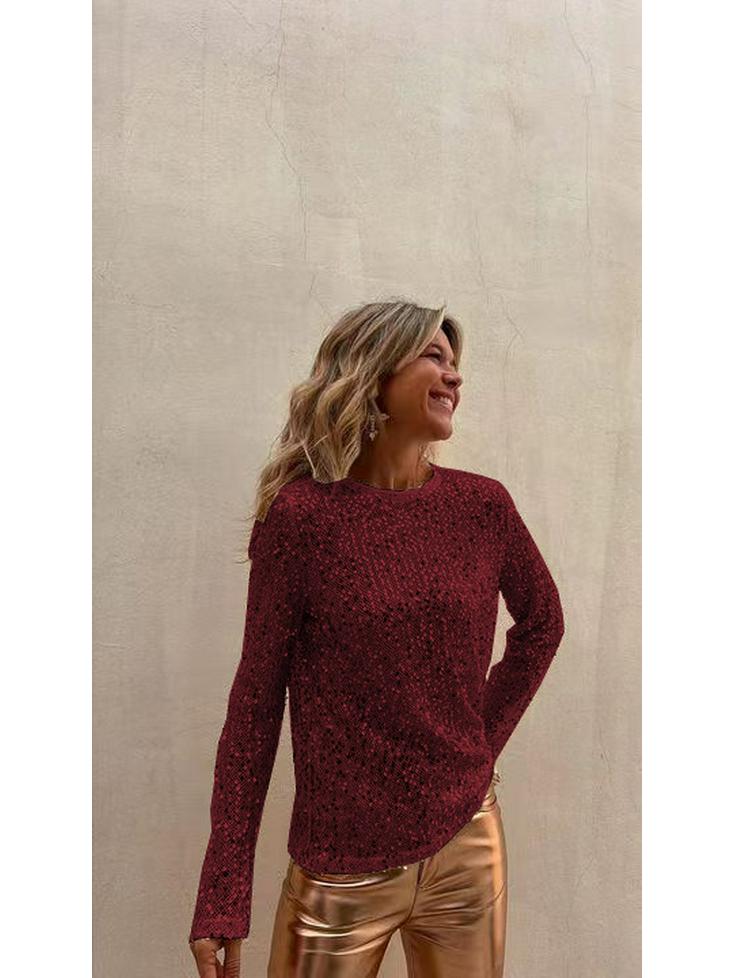 2024 European & American Sequin Mesh Slim-Fit Long-Sleeve Top