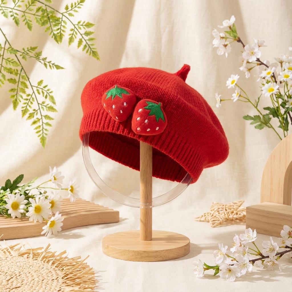 New Spring Baby Beret 0-12M Sweet Strawberry Infant Girls Knit Hat Cute Warm Toddler Stylish Hat