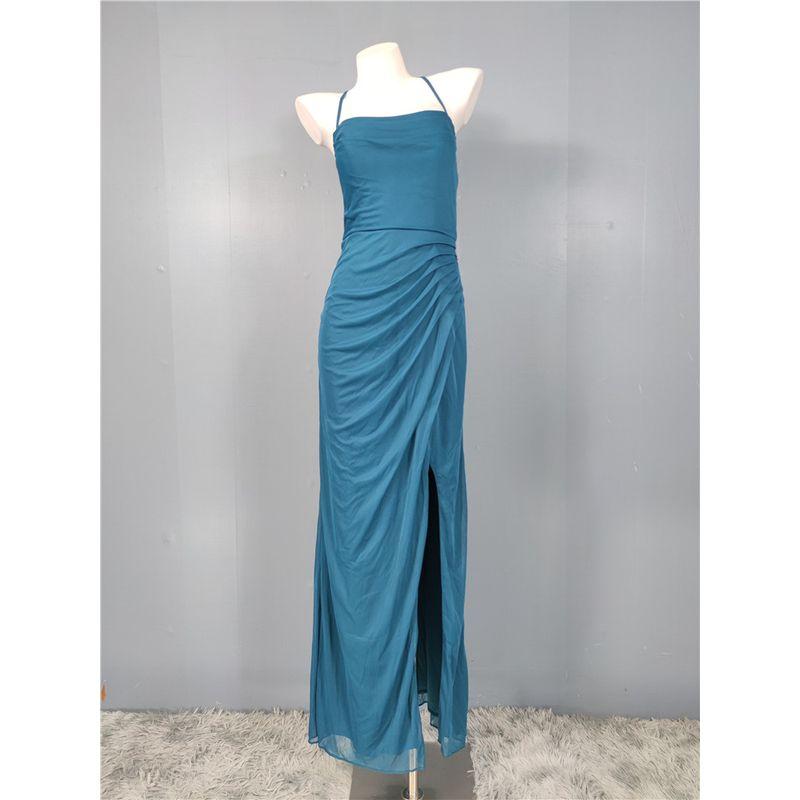 

Foreign Trade Order Summer New Vacation Sling Backless Mesh Wrap-around Temperament Elegant Fashion Split Pleat Dress Peacock Blue 10