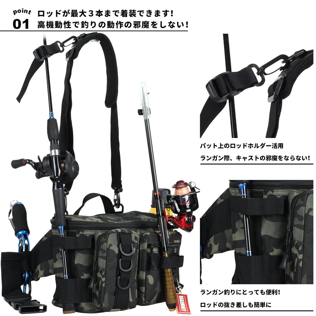 HAKAWAFLY Fishing Wide Large Waist Wide Fishing Tackle Hip Shoulder Pad Water Repellent Includes 2 Rod Holders and 5 Carabiners Bag, Mouth, Capacity,