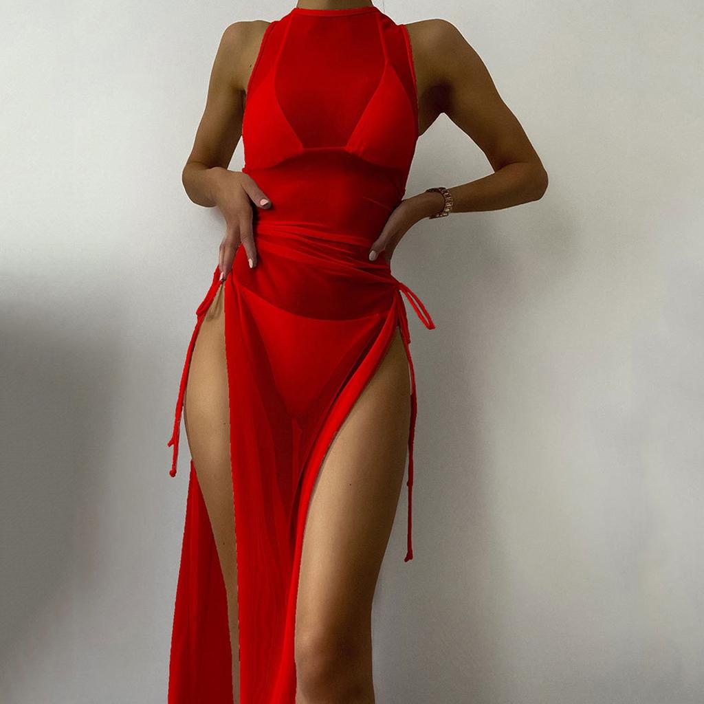 Women's Three-Piece Mesh Cover-Up Set Bikini with Padded Bra Wireless Swimsuit Sheer Maxi Dress Side Tie Beachwear