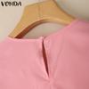 VONDA Elegant Women O Neck Short Sleeve Layers Pleating Solid Casual Blouse
