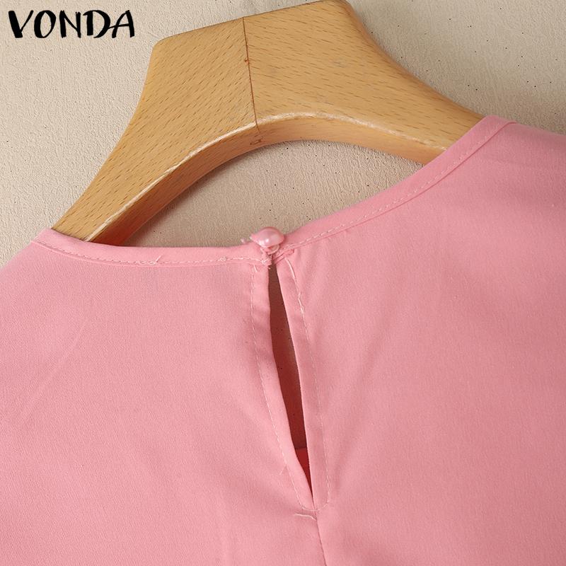 VONDA Elegant Women O Neck Short Sleeve Layers Pleating Solid Casual Blouse