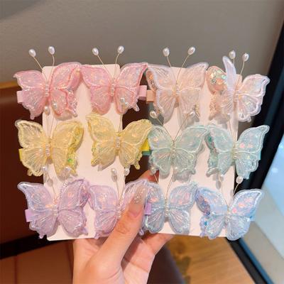 Girl Hairpin Double Layer Mesh Yarn Butterflies Decor Hair Clip with Imitation Pearls Gradient Color Hair Accessories