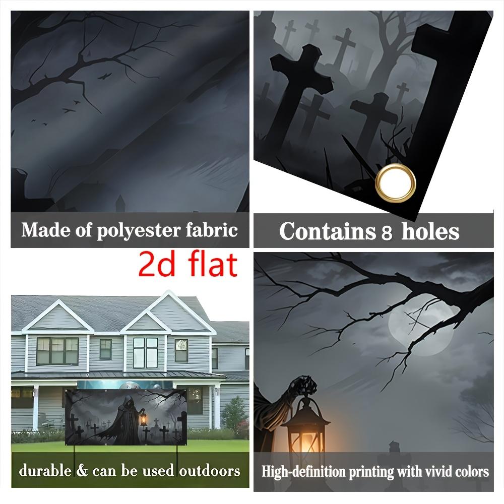 1pc 2D Flat ,Halloween Banner Lights Spooky Graveyard Skeleton Zombie Backdrop Outdoor Holiday Decor , 157*71in