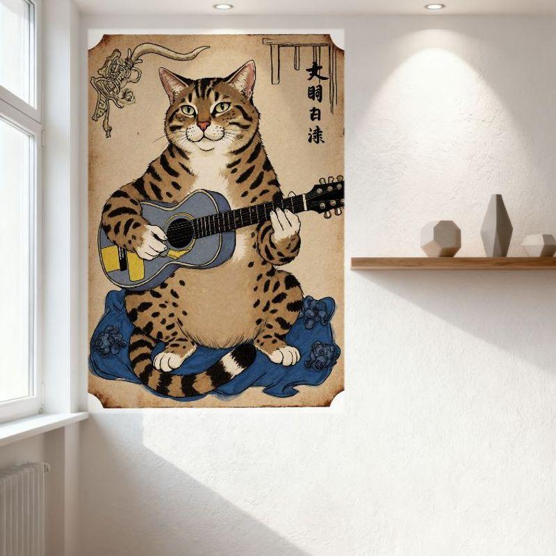 Sexy Vintage Plump Tabby Cat with Guitar Tin Sign, Whimsical Floral Background Japanese Kanji Metal Wall Decor for Bar Home Art