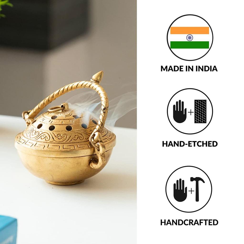 'Inayaat' Brass Dhoop Dani Incense Burner (Pure Brass, 4.2 Inches,) | Handcurved Brass Dhuna Dani Arti Loban Dani Dhoop Burner for Puja Dhoop Dani