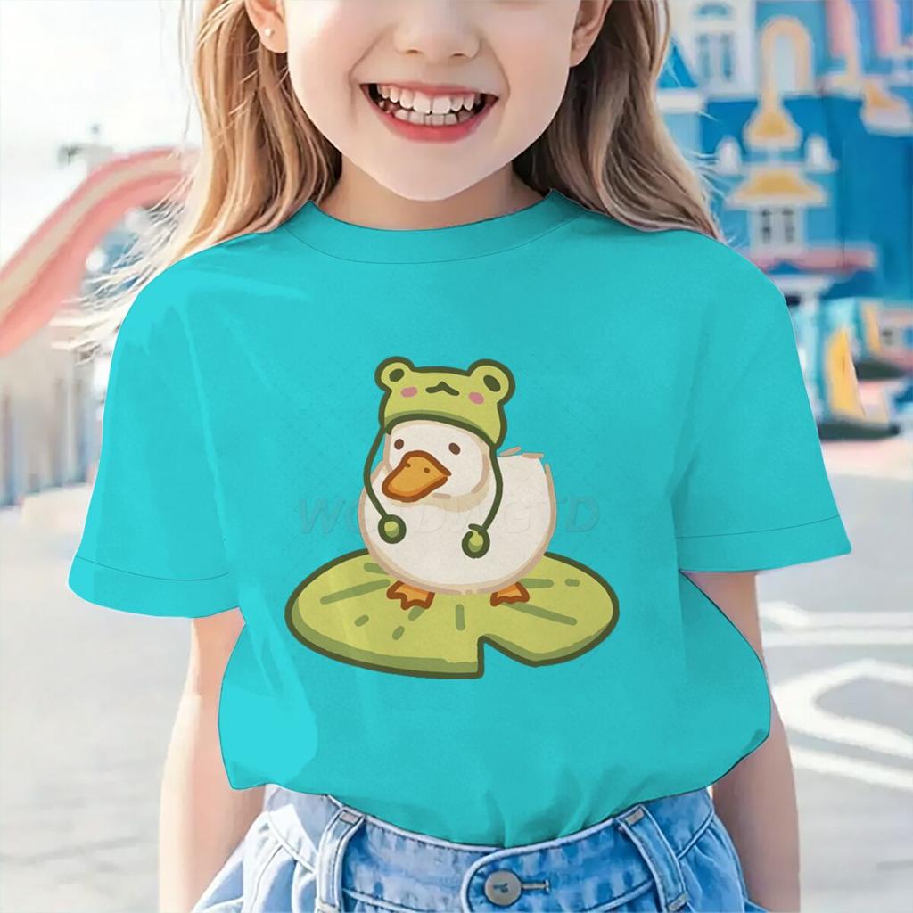 Duck In Frog Hat Cartoon Tshirts for Girl Boy Cute Duck Graphic Casual Tops Kawaii Animal Tee Cute Duck Design Toddler Wear