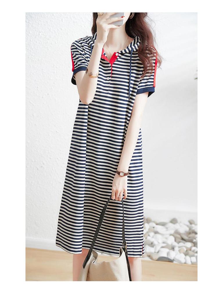 Women's Summer 2023 Elegant Striped Hooded Mid-Length Dress