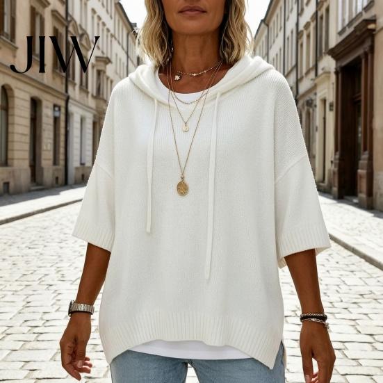 Fall Pullover Sweater Autumn Women Knit Sweater, Loose Fit Drawstring Hooded Solid Color 3/4 Sleeve Drop Shoulder Casual Long Tops