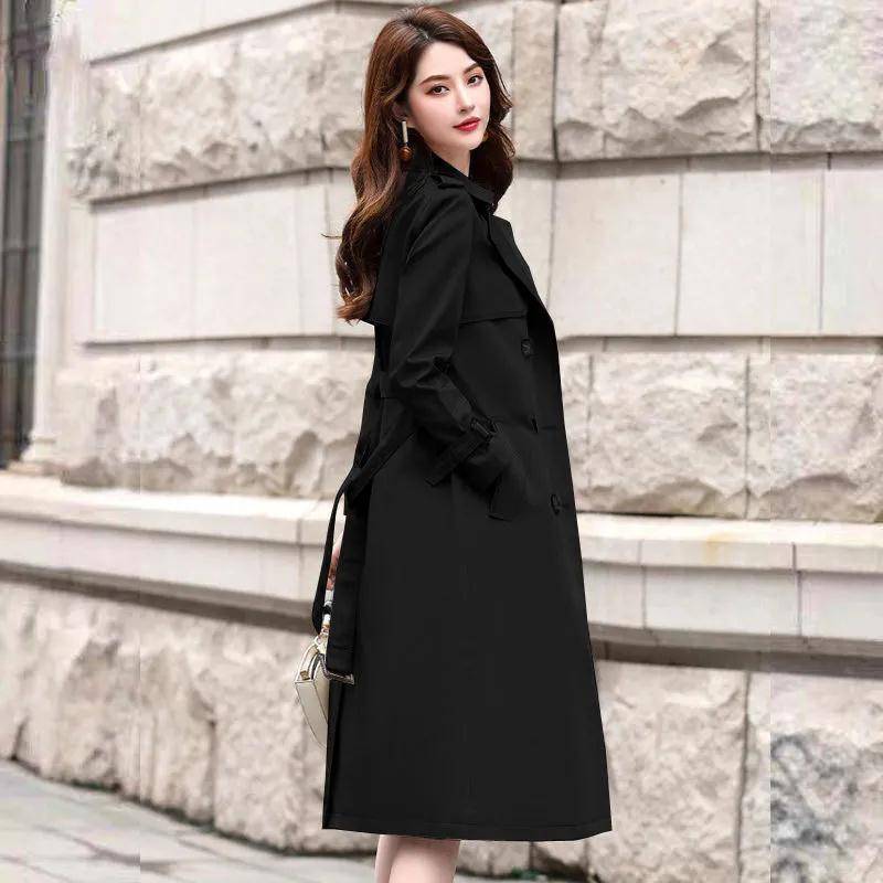 Autumn Winter Women Turn-down Collar Double Breasted Trench Office Lady Solid Long Trench with Belt