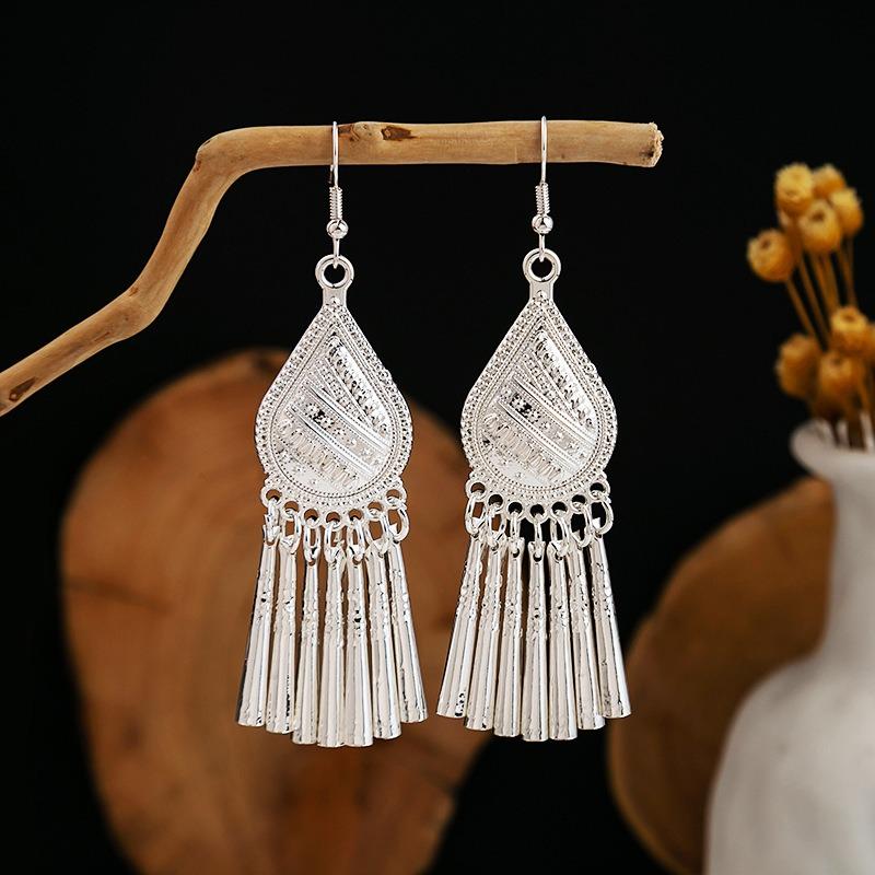 Miao geometric bells, fringed earrings, minority earrings, bohemian long leaf earrings