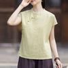 Johnature Women Vintage Shirts Tops Summer Chinese Style Solid Color Sleeveless Stand Blouses