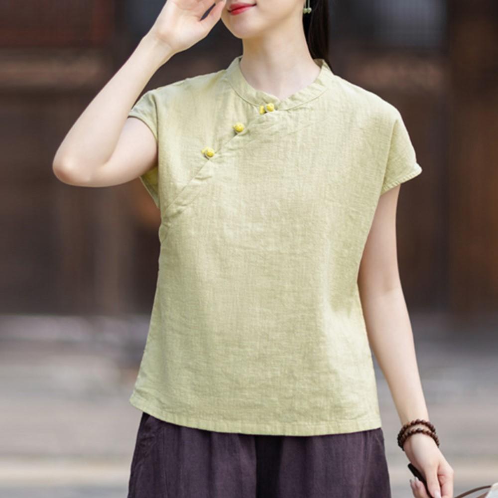 Johnature Women Vintage Shirts Tops Summer Chinese Style Solid Color Sleeveless Stand Blouses