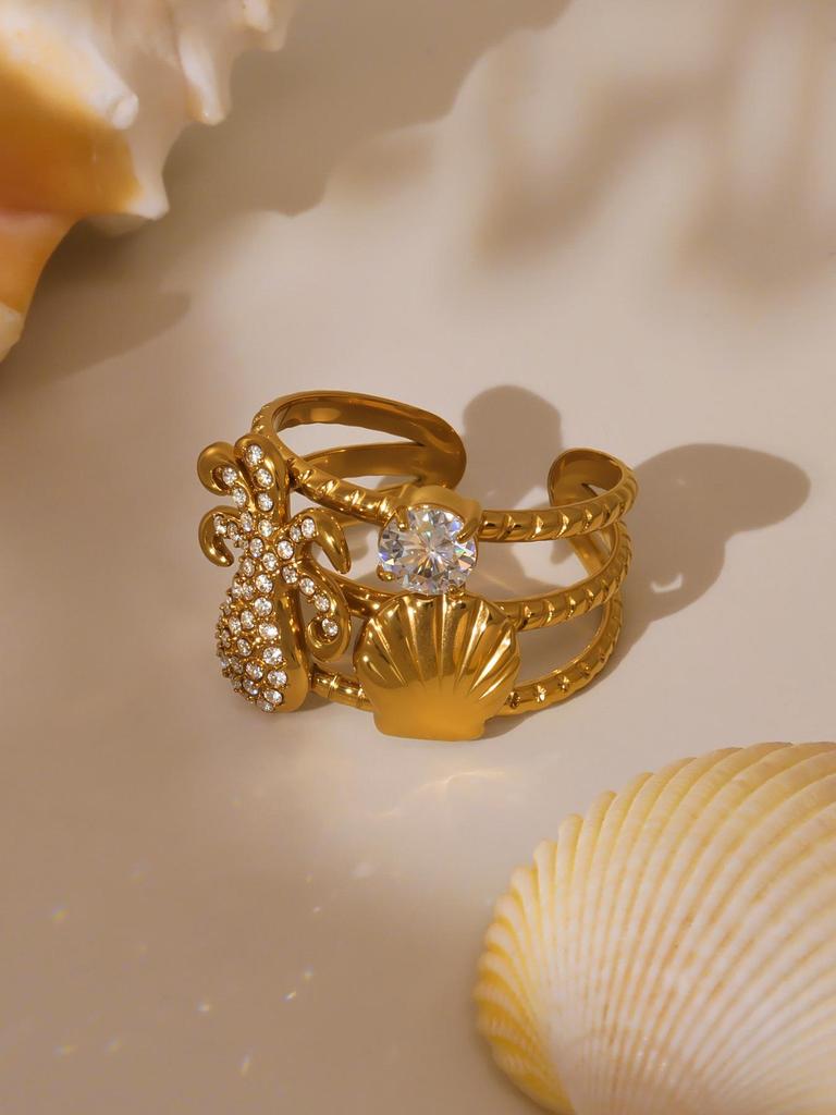 Qiong Yao 18k Gold-Plated Zircon Octopus Starfish Ring - Fashionable and Durable Index Finger Jewelry