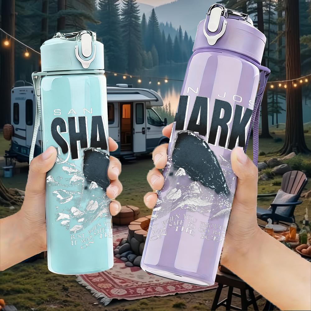 1PC Shark animal dark silhouette print 750ml colorful plastic sports water bottle leakproof pop up lid with straw for outdoor work home use